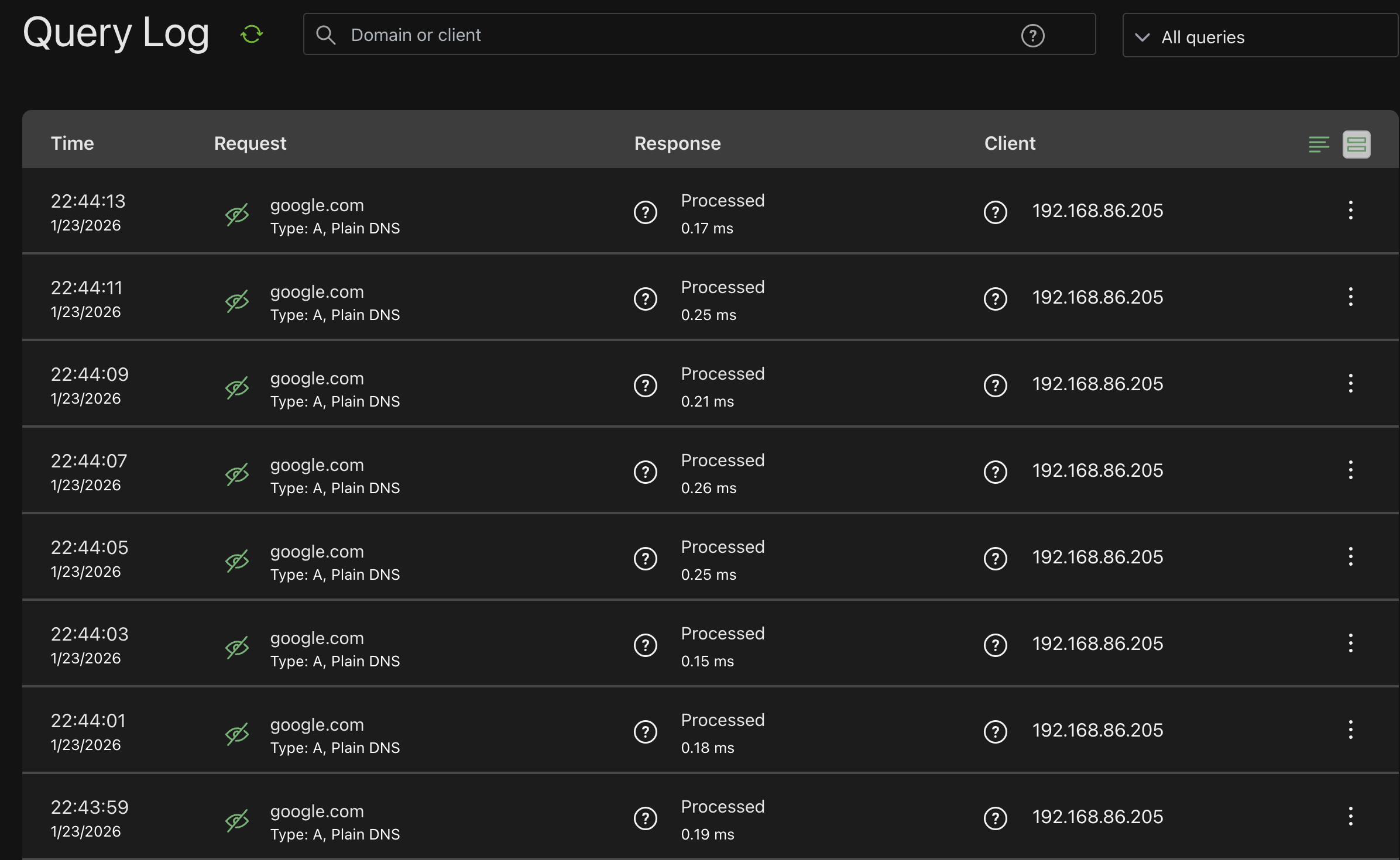 Adguard Home query log