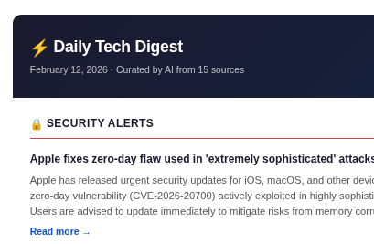 Sample Daily Tech Digest newsletter email — designed by ClauDeLay, delivered by Gemini
